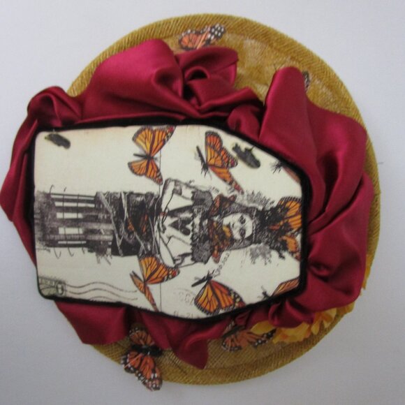 Monarch Butterfly Steampunk Woman Percher Whimsy Hat Wheat Straw Church Easter main image 11